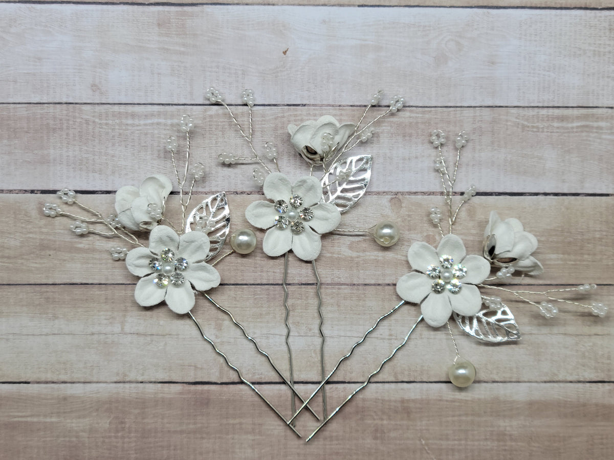 Bridal Hair Pins, Crystal Pearl Blue Flower Wedding Accessory