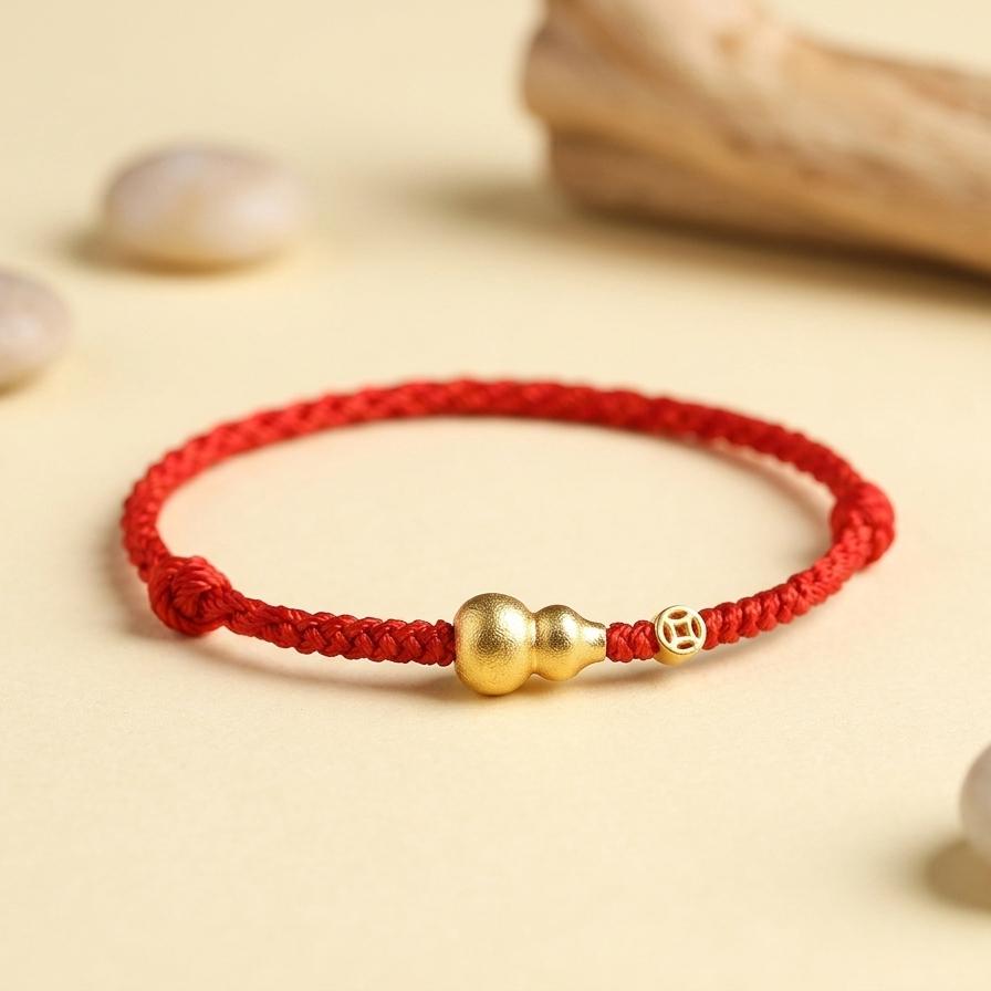 Gold Plated Fu Lu Gourd Red String Bracelet, Lucky Feng Shui Protection Bracelet, Adjustable Minimalist Coin Charm Jewelry Gift for Her Him