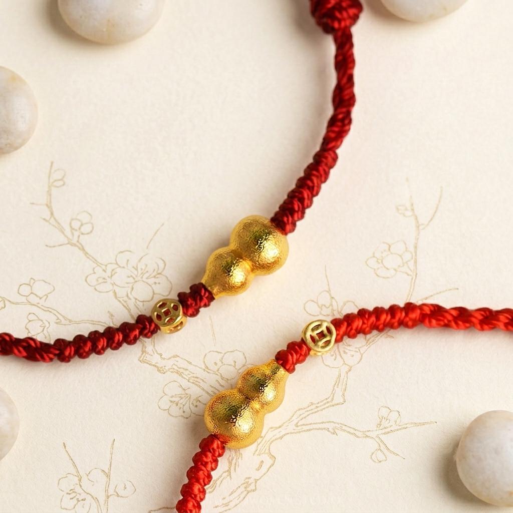 Gold Plated Fu Lu Gourd Red String Bracelet, Lucky Feng Shui Protection Bracelet, Adjustable Minimalist Coin Charm Jewelry Gift for Her Him