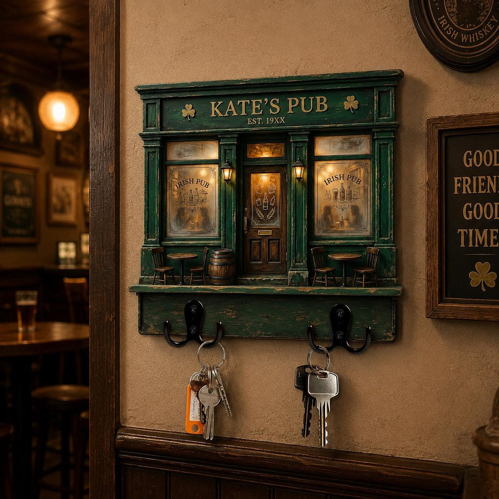 Personalized Irish Pub Key Holder, Custom Family Bar Sign, Shamrock Wall Key Rack, Rustic Entryway Decor, Housewarming Gift