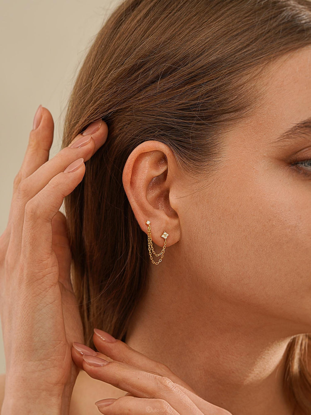 Double Piercing Diamond Stud Earrings, Gold Dangling Chain Earrings, Two Hole Gemstone Earrings, CZ Drop Earrings, Birthday Gift for Her