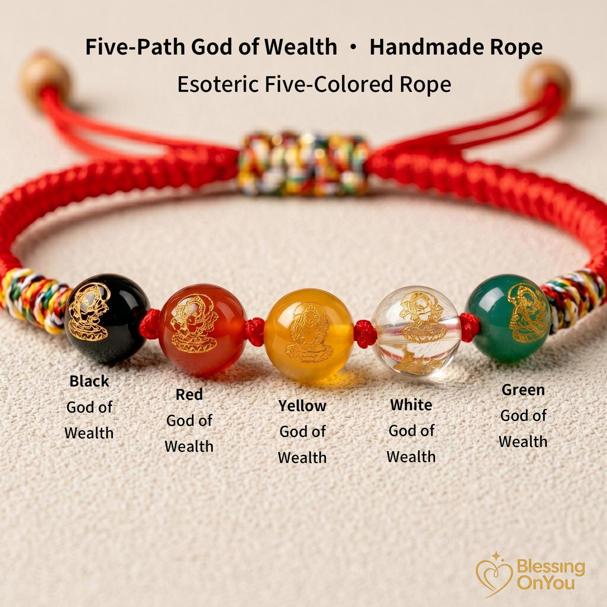 Five Gods Of Wealth Bracelet, 5 Roads Prosperity Bracelet, Woven Hand Rope, Buddhist talisman, Feng Shui Good Luck, Abundance & Protection