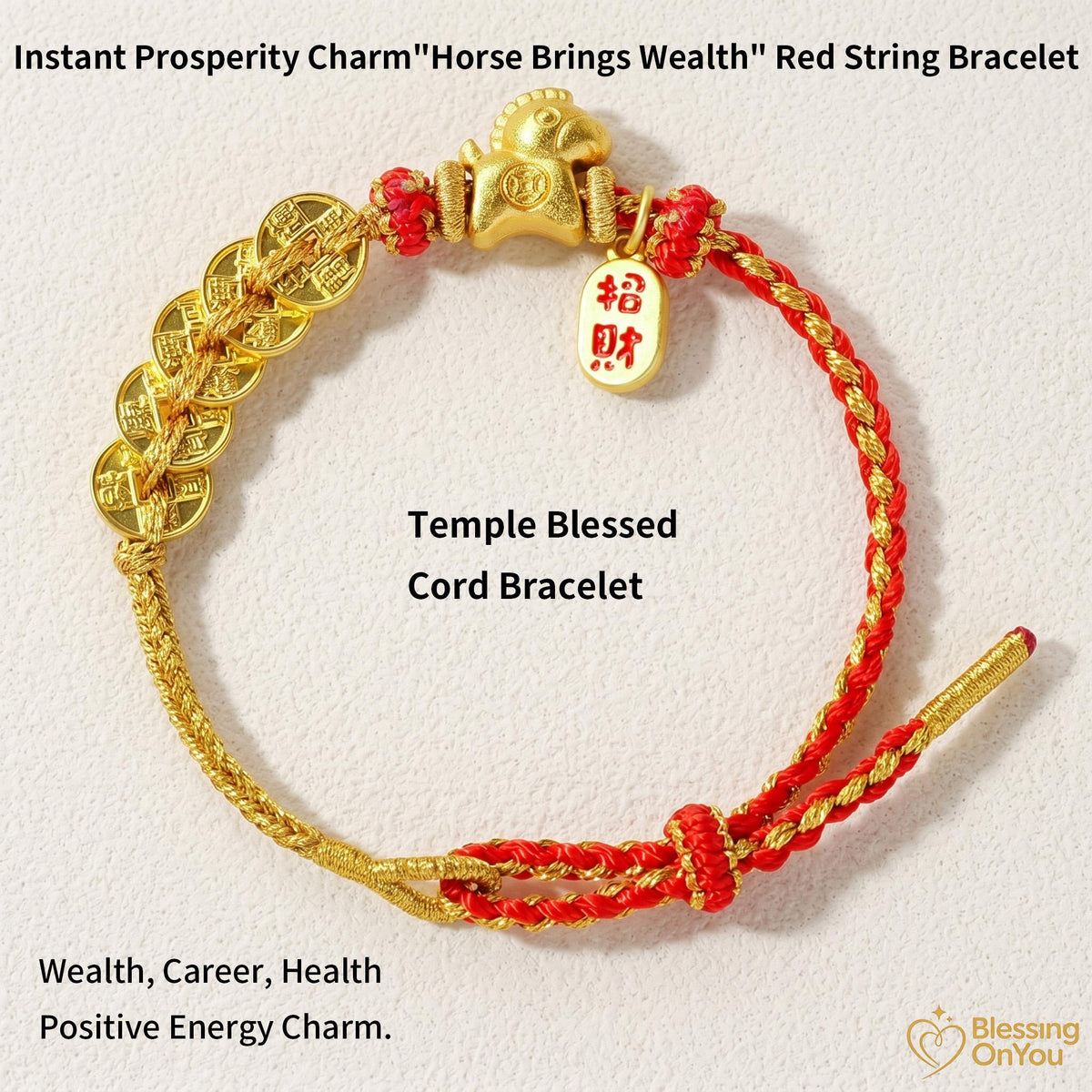 Red String Wealth Bracelet, Wealth Attraction Lucky Horse Charm, Prosperity & Protection Gift, Feng Shui Five Emperors Coins Bracelet