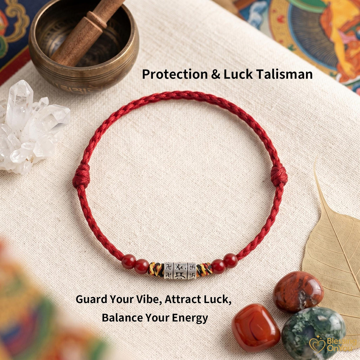 Tibetan Six Syllable Mantra Bracelet | Handwoven Red String Protection Bracelet | Cinnabar Energy Amulet | Buddhist Blessing Gift