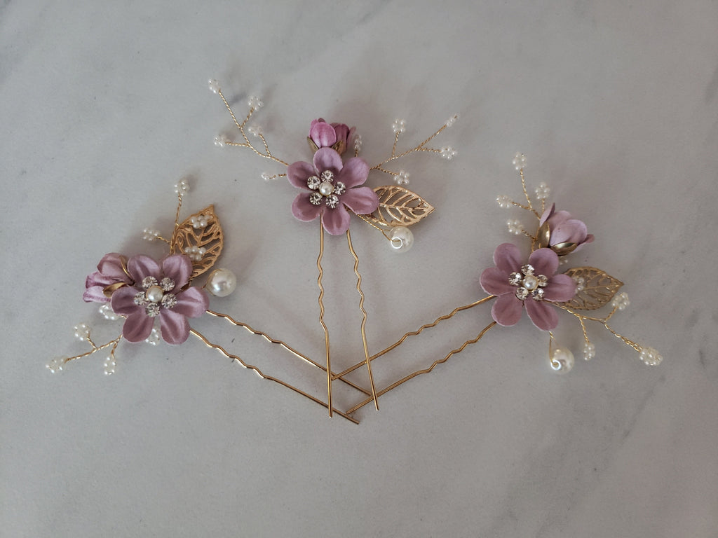 Bridal Hair Pins, Crystal Pearl Blue Flower Wedding Accessory