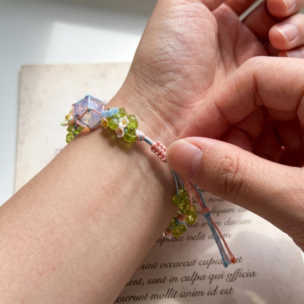 Woven Rope Bracelet with Raw Crystals and Pastel Flowers – Botanical Fairycore Jewelry