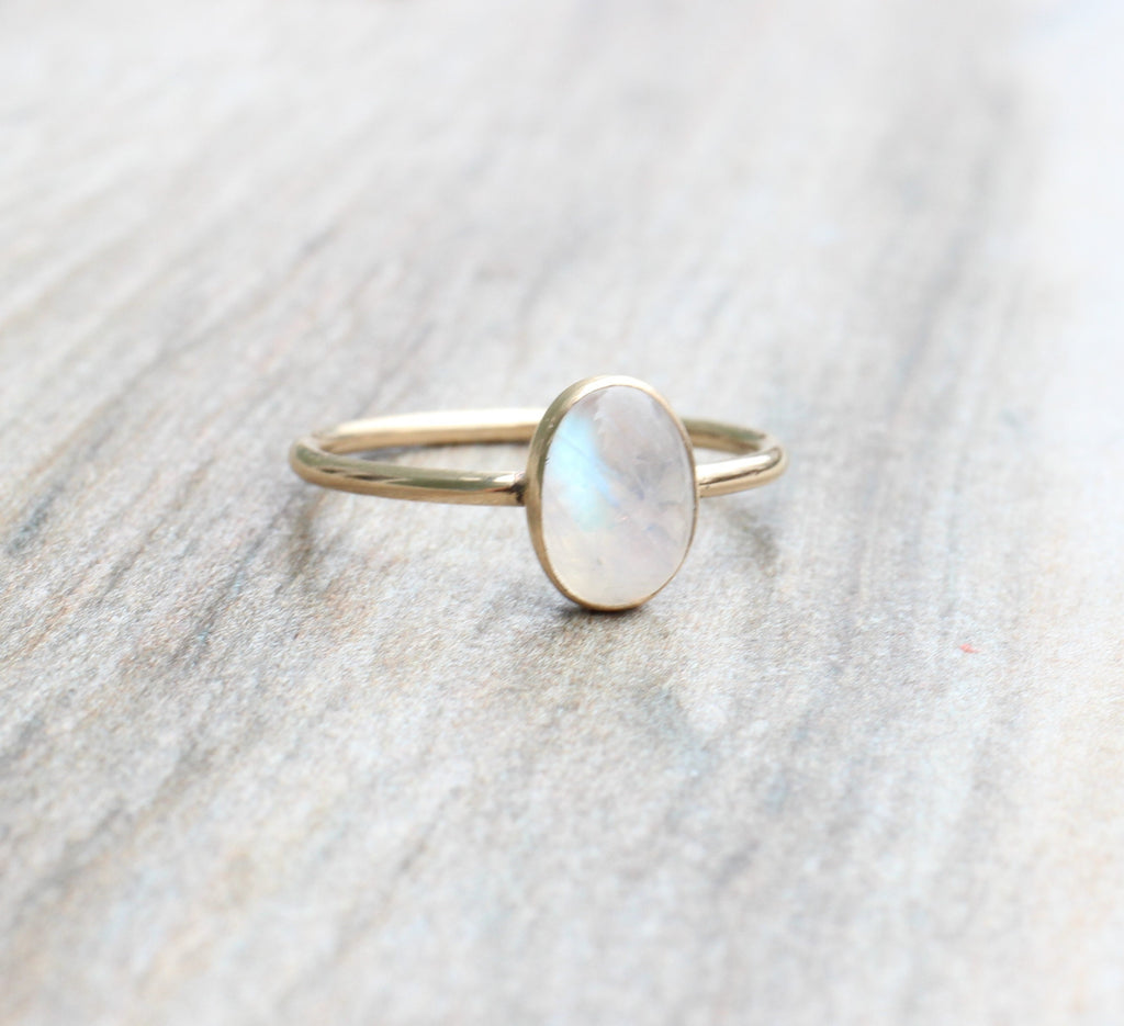 14K Gold Filled or Sterling Silver Rainbow Moonstone Ring: Oval Stacking Ring