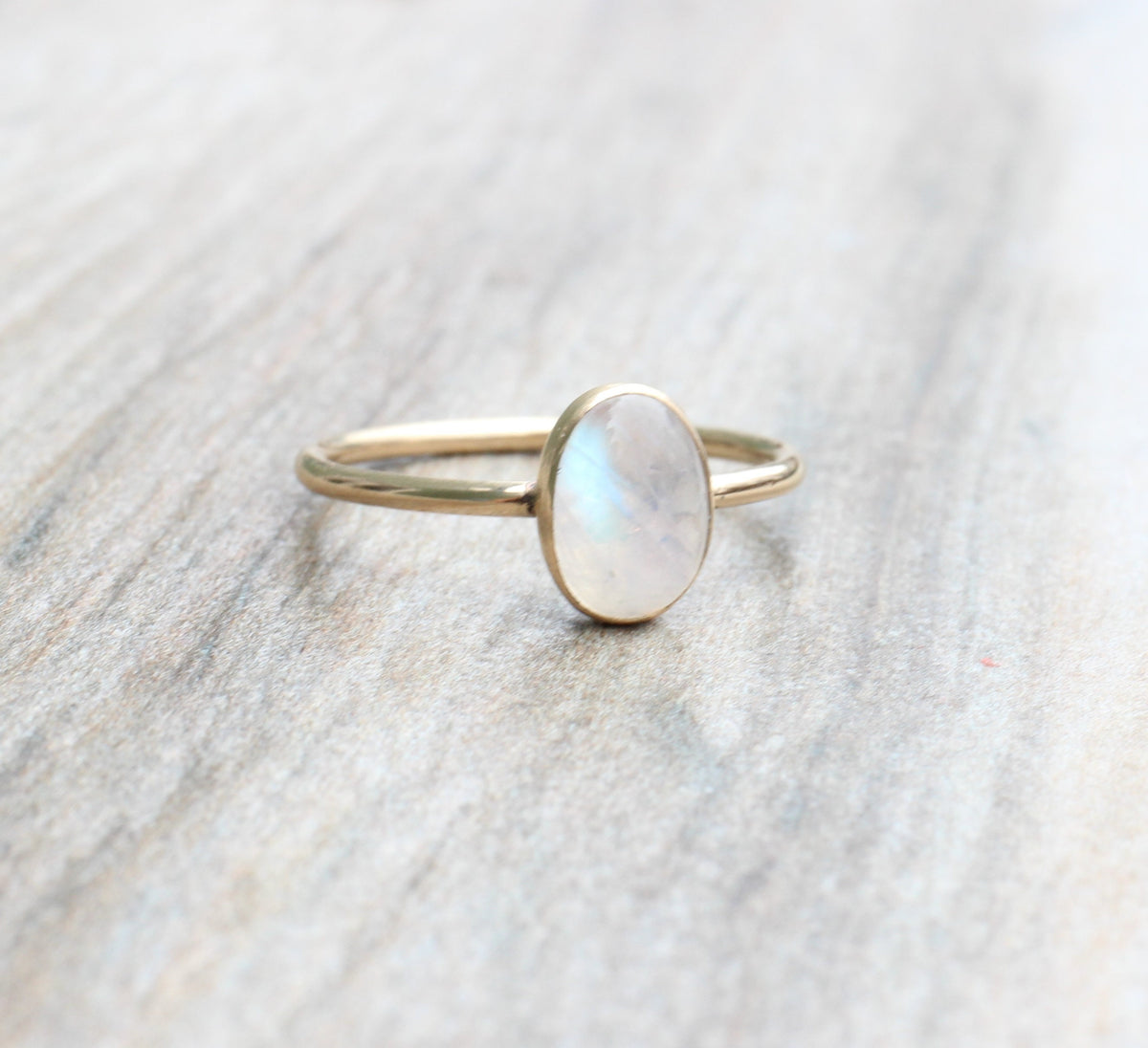 14K Gold Filled or Sterling Silver Rainbow Moonstone Ring: Oval Stacking Ring