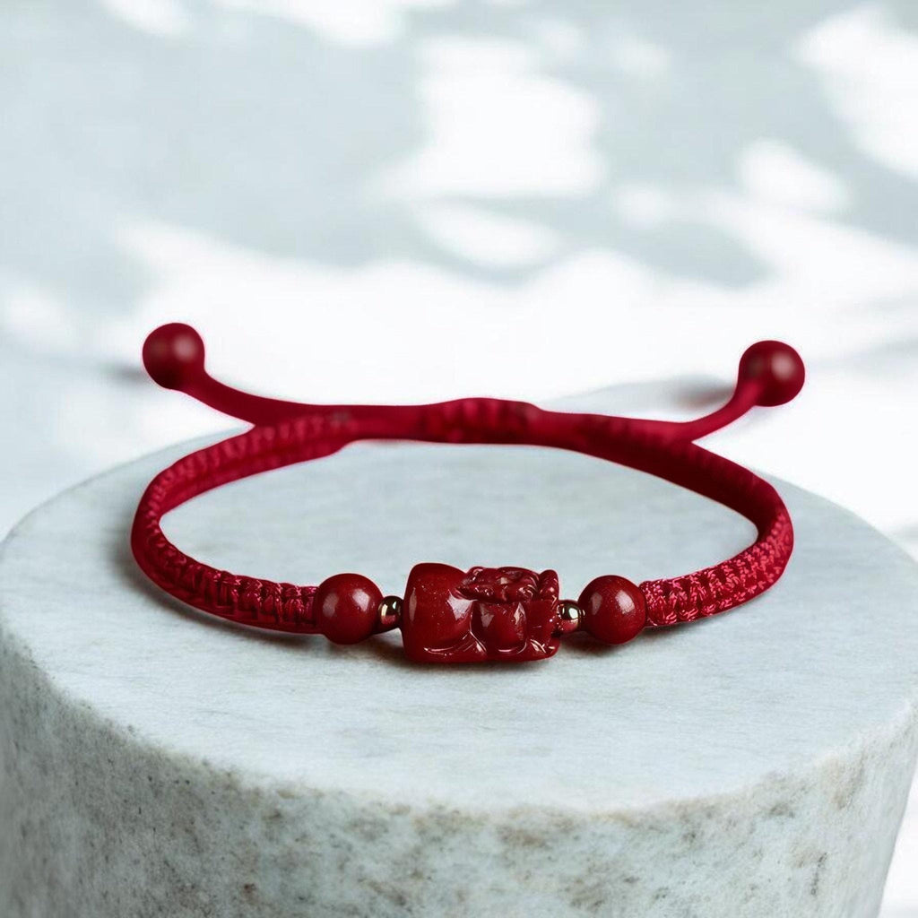 Hand-Carved Cinnabar Pixiu Bracelet | Red String Chinese Knot Prosperity Charm