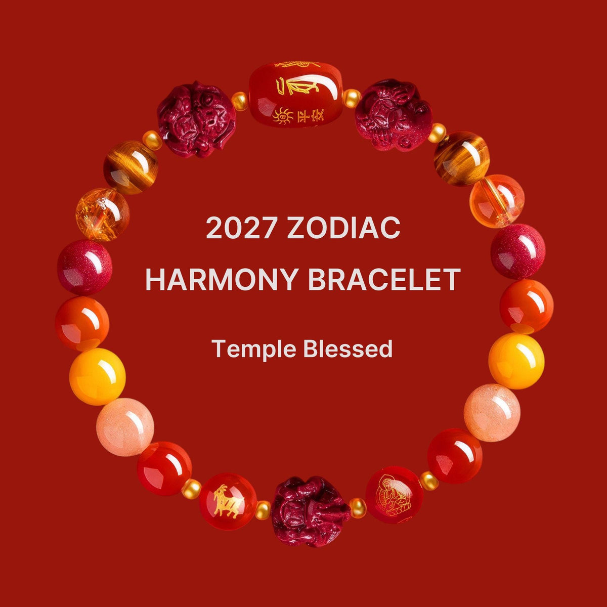 2027 Zodiac Gift Bracelet, Tai Sui Protection Bracelet, Natural Cinnabar & Gemstones, San He Liu He Talisman, Temple Blessed Chinese Zodiac