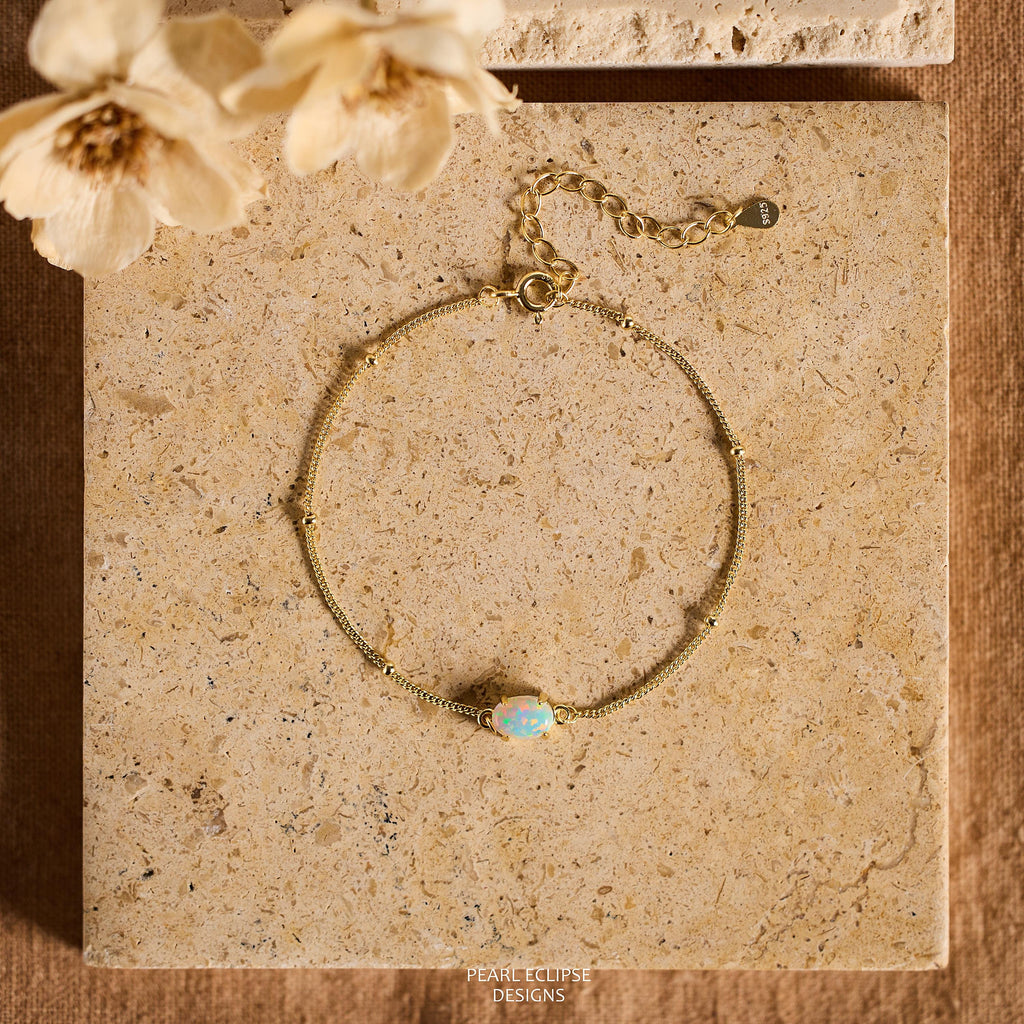 Opal Bracelet, Dainty Opal Jewelry, Minimalist Gold Beaded Chain, October Birthstone, Elegant Mom Bracelet, Gift for mom, Charming Jewelry