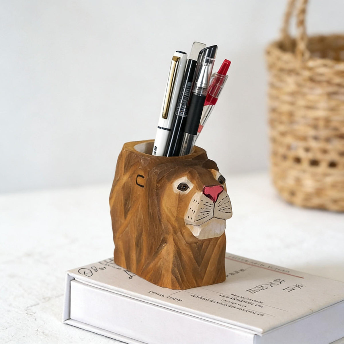 Lion Pencil Holder Wooden, Cute Animal Pen Holder, Desk Organizer Cup, Hand Carved Lion Decor, Wooden Desk Decor, Animal Desk Organizer