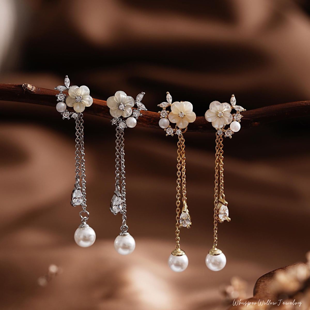 Minimalist Mother of Pearl Flower Earrings, Dangle Bridal Earrings, Pearl Drop Dangle Earrings, Wedding Jewelry, Bridesmaid Gift for Her