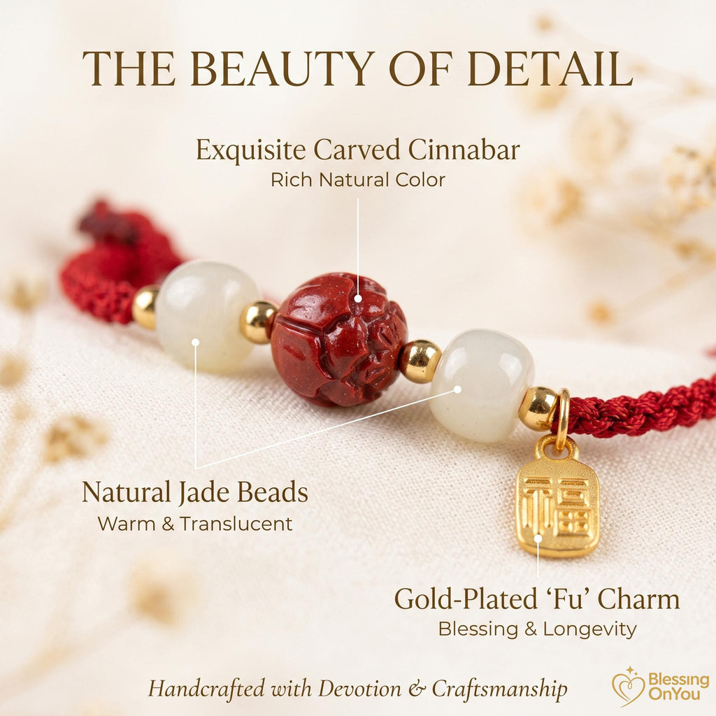 Cinnabar Lotus Red String Bracelet | Buddhist Meditation Bracelet | Handmade Protection Charm | Jade Fu Lucky Spiritual Bracelet Gift