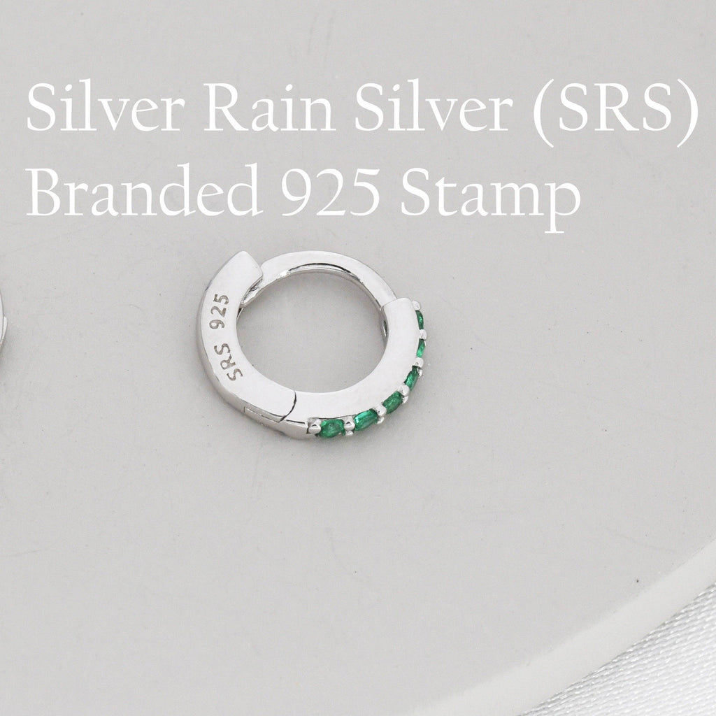 Emerald Green CZ Huggie Hoops in Sterling Silver, Silver or Gold, Minimalist Hoop Earrings, 6mm, 7mm, 8mm Hoops, cartilage hoops,