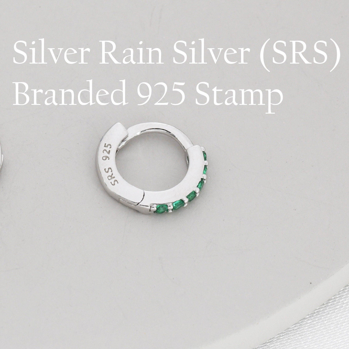 Emerald Green CZ Huggie Hoops in Sterling Silver, Silver or Gold, Minimalist Hoop Earrings, 6mm, 7mm, 8mm Hoops, cartilage hoops,