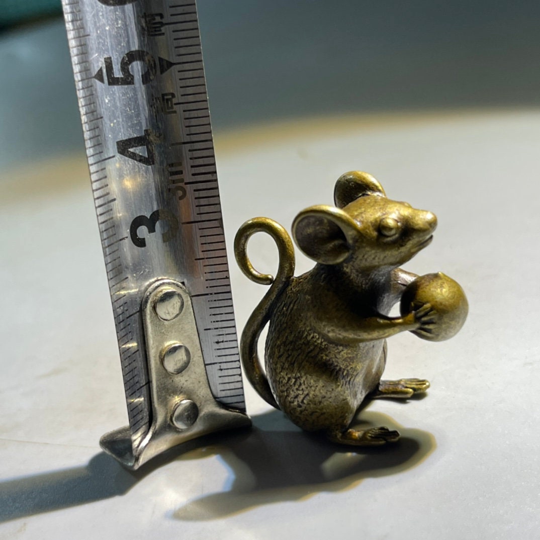 Brass Mouse Figurine Small Vintage Rat Holding Chestnut Statue Desk Decor