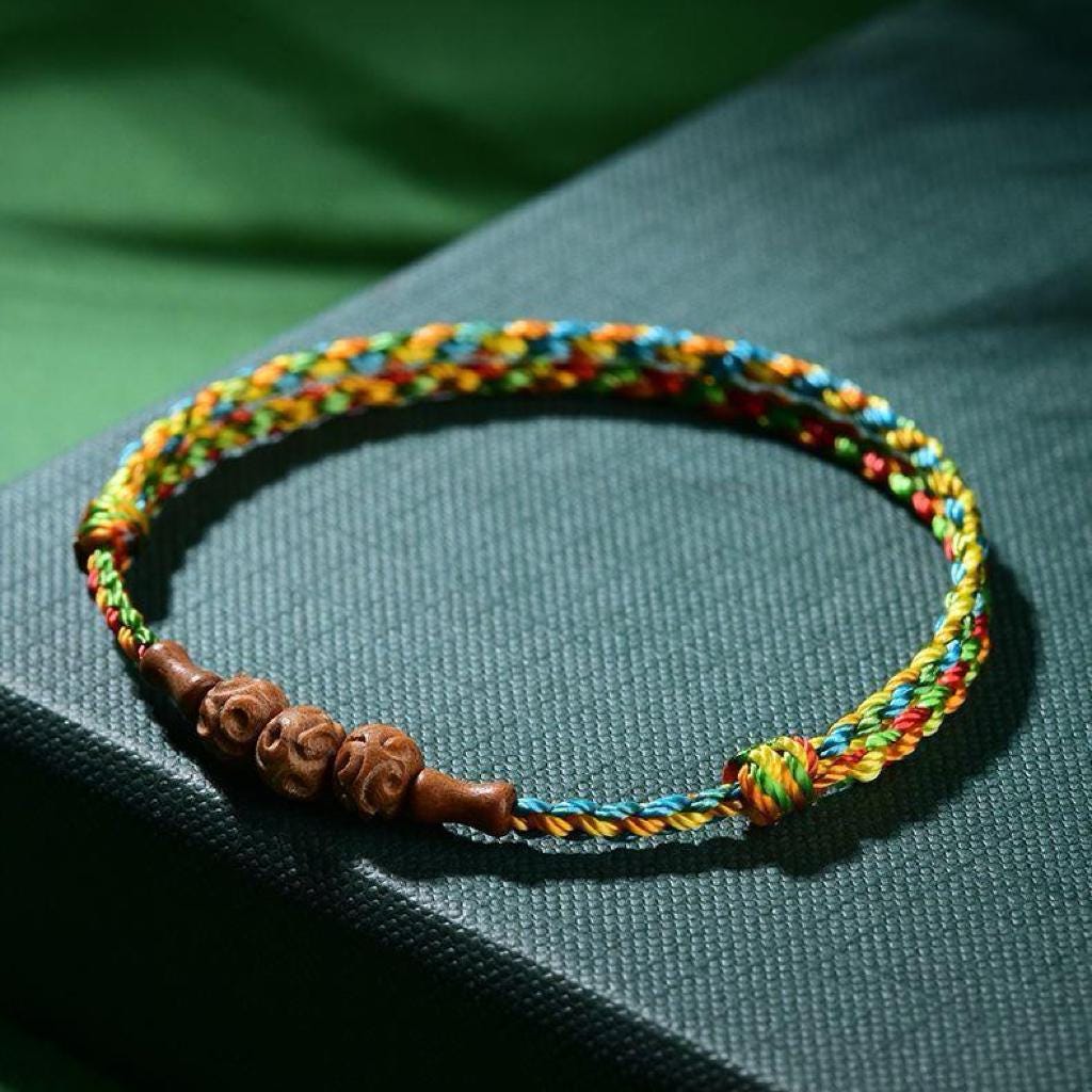 Buddhist Spiritual Five Color Bracelet,Red string bracelet ,Temple Blessed Peach Wood Charm,Feng Shui Protection Amulet