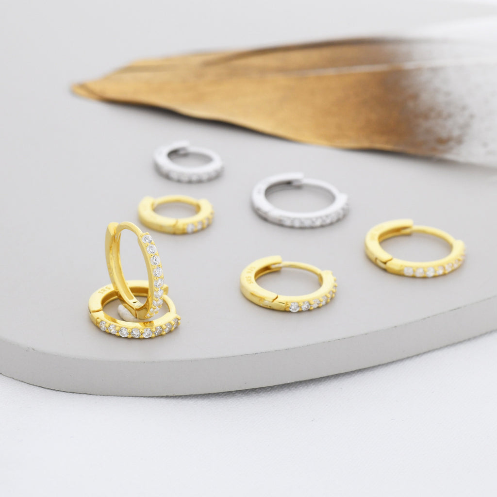 Skinny CZ Huggie Hoops in Sterling Silver, Silver or Gold, Minimalist Hoop Earrings, 6mm, 7mm, 8mm Hoops, cartilage hoops,