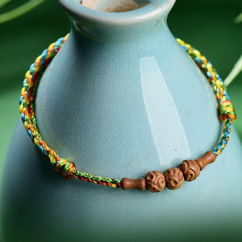 Buddhist Spiritual Five Color Bracelet,Red string bracelet ,Temple Blessed Peach Wood Charm,Feng Shui Protection Amulet