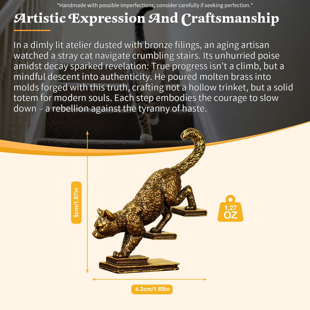 Solid Brass Walking Down Stairs Cat Figurine – Retro Playful Feline Sculpture Home Decor