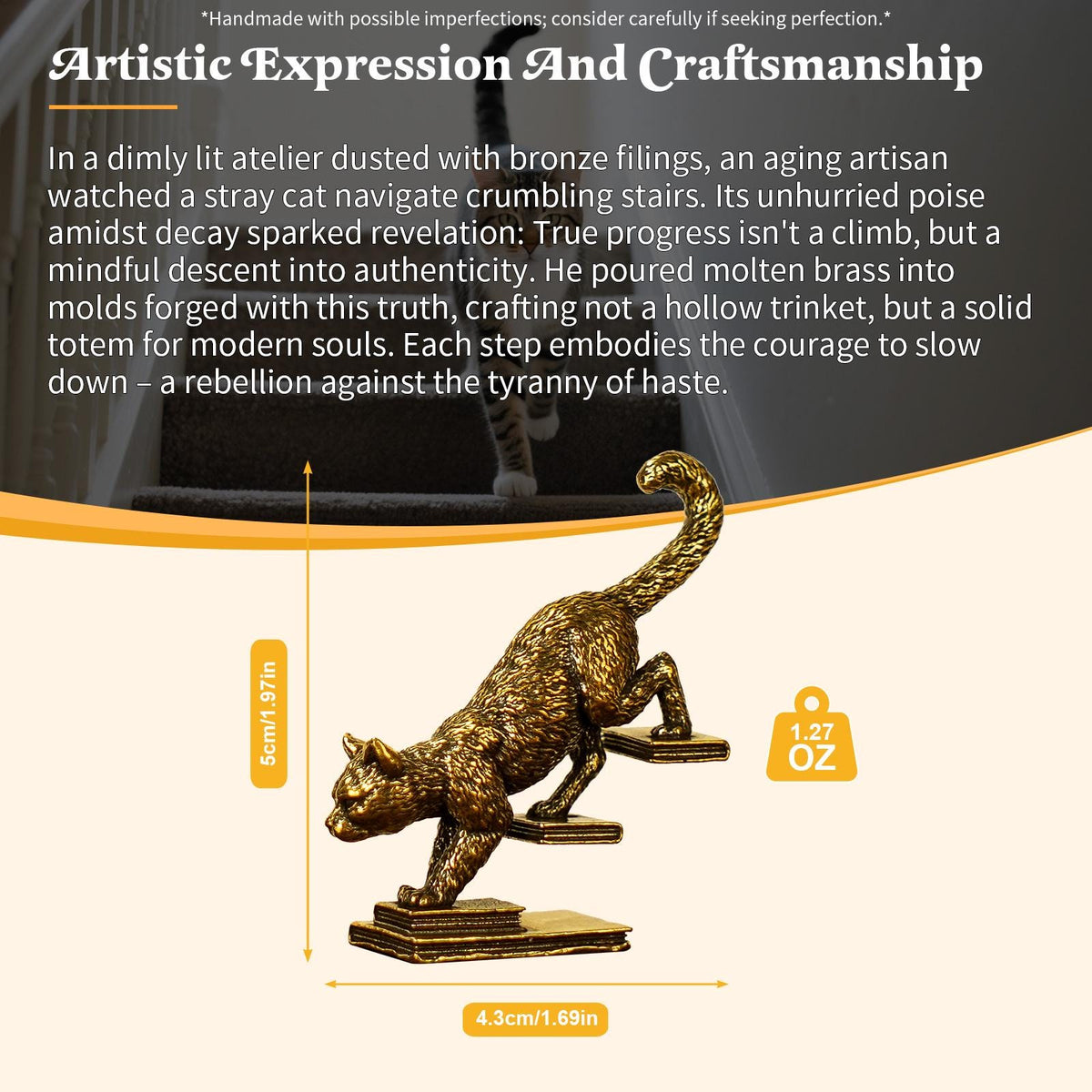 Solid Brass Walking Down Stairs Cat Figurine – Retro Playful Feline Sculpture Home Decor