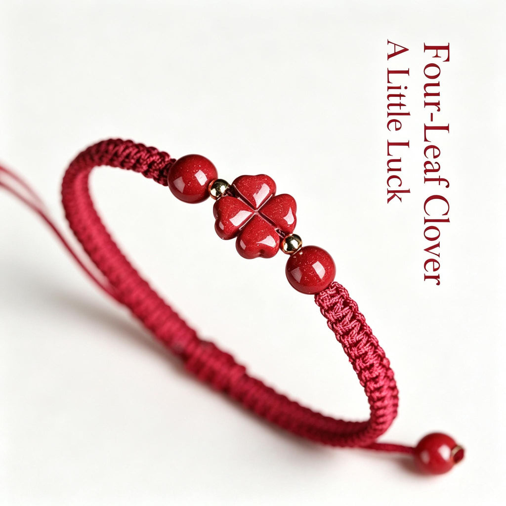 Red String Bracelet,Cinnabar Bracelet,Four Leaf Clover Bracelet, Lucky Charm Jewelry, Good Luck Gift, Handmade Inspired Jewelry Gift For Her