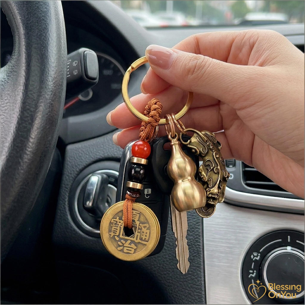 Feng Shui Lucky Cat Keychain, Five Emperor Coins Brass Keychain, Pixiu Wealth Charm, Wu Lou Gourd, Protection Amulet, Lucky Gift