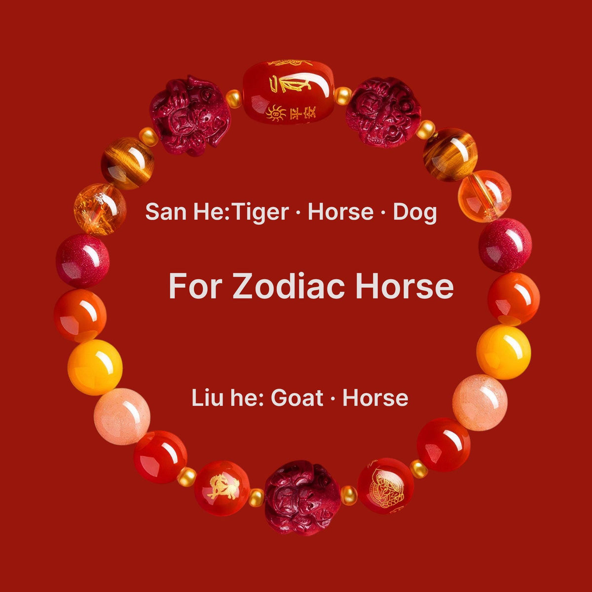 2027 Zodiac Gift Bracelet, Tai Sui Protection Bracelet, Natural Cinnabar & Gemstones, San He Liu He Talisman, Temple Blessed Chinese Zodiac