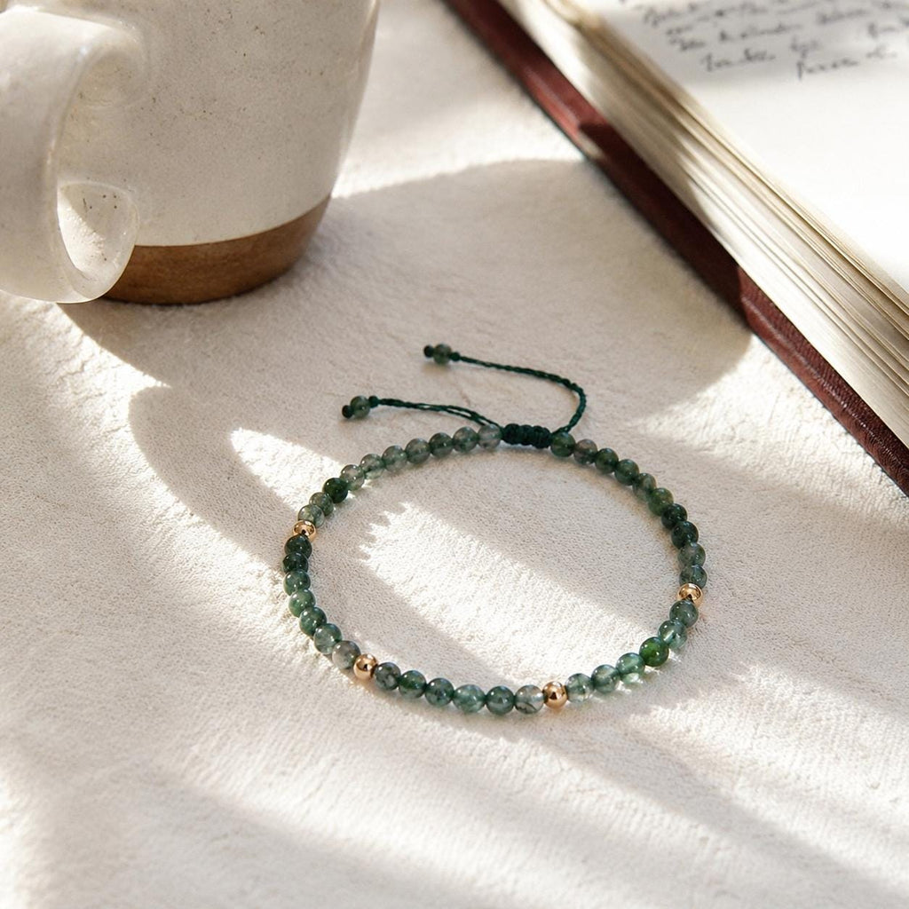 Natural Moss Agate Bracelet - Dainty 4mm Beaded Adjustable Braided Jewelry