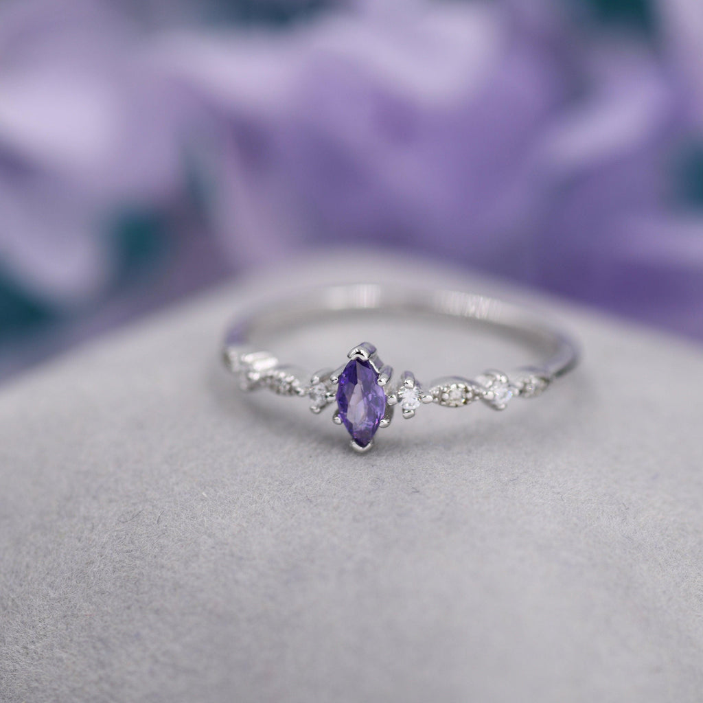 Vintage Inspired Amethyst Purple CZ Ring in Sterling Silver, Marquise Ring, Delicate Amethyst Ring, Size US 5 - 8