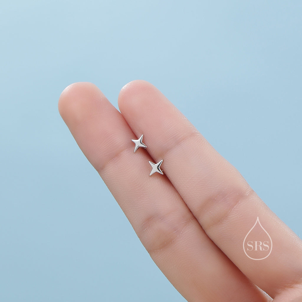 Four Point Star Stud Earrings in Sterling Silver, Tiny Celestial Stud, Gold or Silver, Tiny Star Earrings