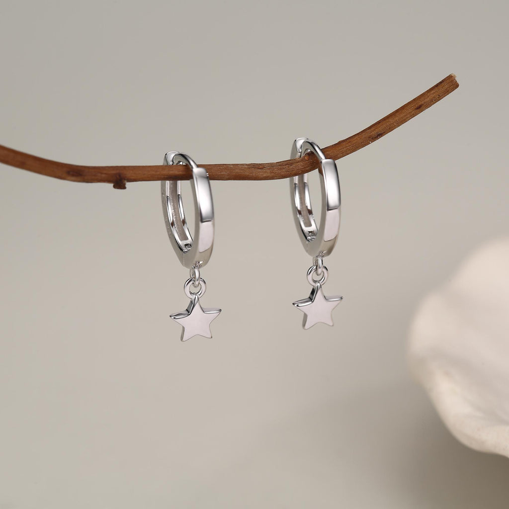 Pair of Star Huggie Hoop Earrings in Sterling Silver, Dangle Star Hoops, Celestial Earrings, Silver, Gold or Rose Gold