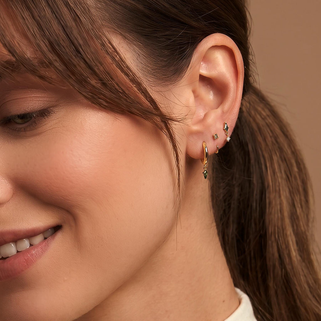 Moss Agate Earring Set, Gold Huggie Hoops, Flat Back Stud & CZ Diamond, Sterling Silver Ear Stack, Open Huggie, Kite Gemstone Nap Earrings.