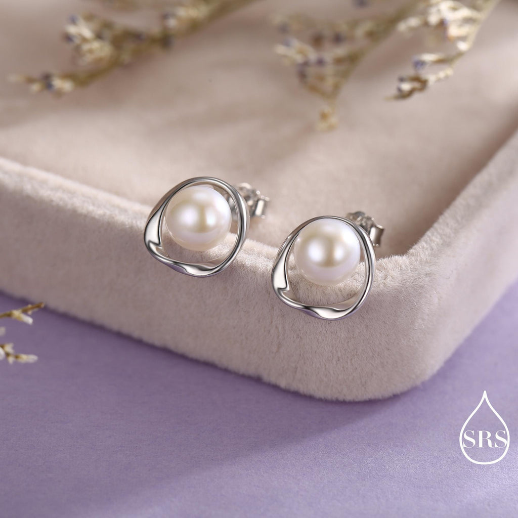 Genuine Freshwater Pearl and Mobius Circle Stud Earrings in Sterling Silver, Delicate Keshi Pearl Halo Earrings, Genuine Freshwater Pearls