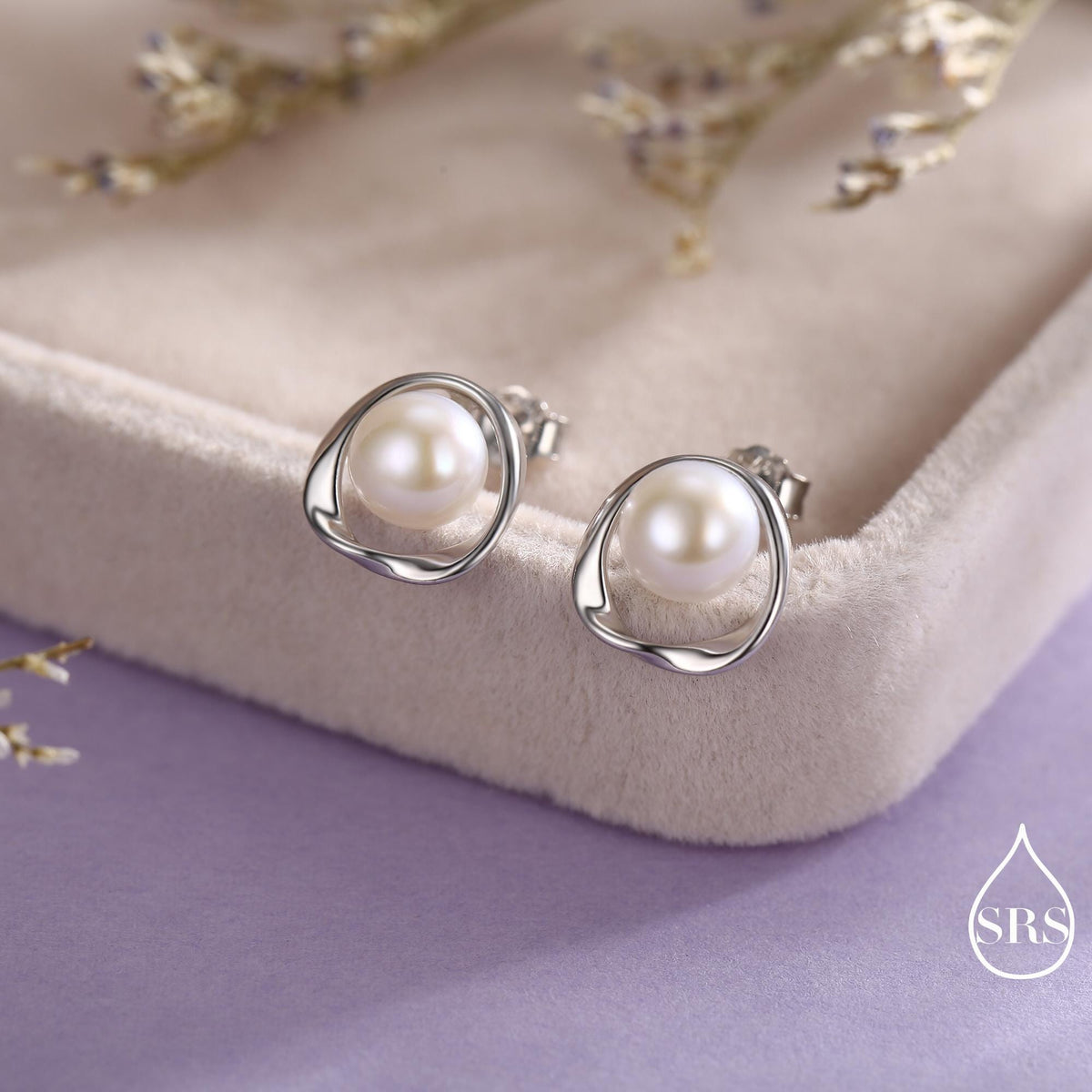 Genuine Freshwater Pearl and Mobius Circle Stud Earrings in Sterling Silver, Delicate Keshi Pearl Halo Earrings, Genuine Freshwater Pearls