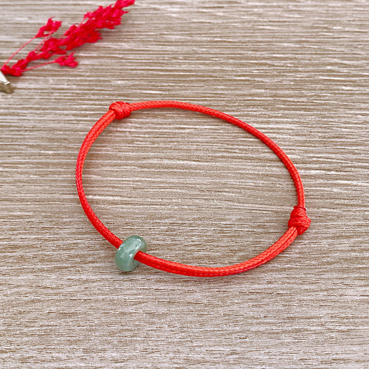 Green Jade Donut Bracelet: Red String Amulet, Adjustable Cord