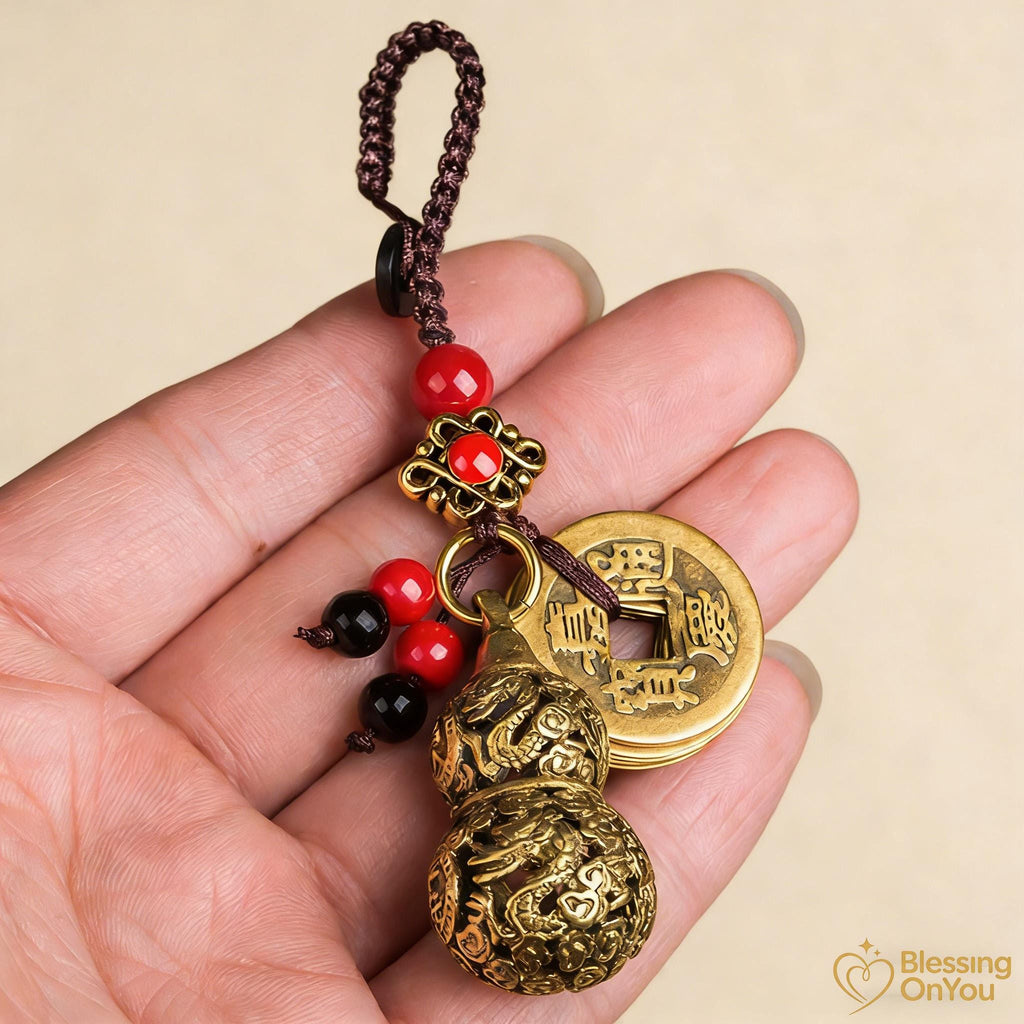 Feng Shui Lucky Cat Keychain, Five Emperor Coins Brass Keychain, Pixiu Wealth Charm, Wu Lou Gourd, Protection Amulet, Lucky Gift
