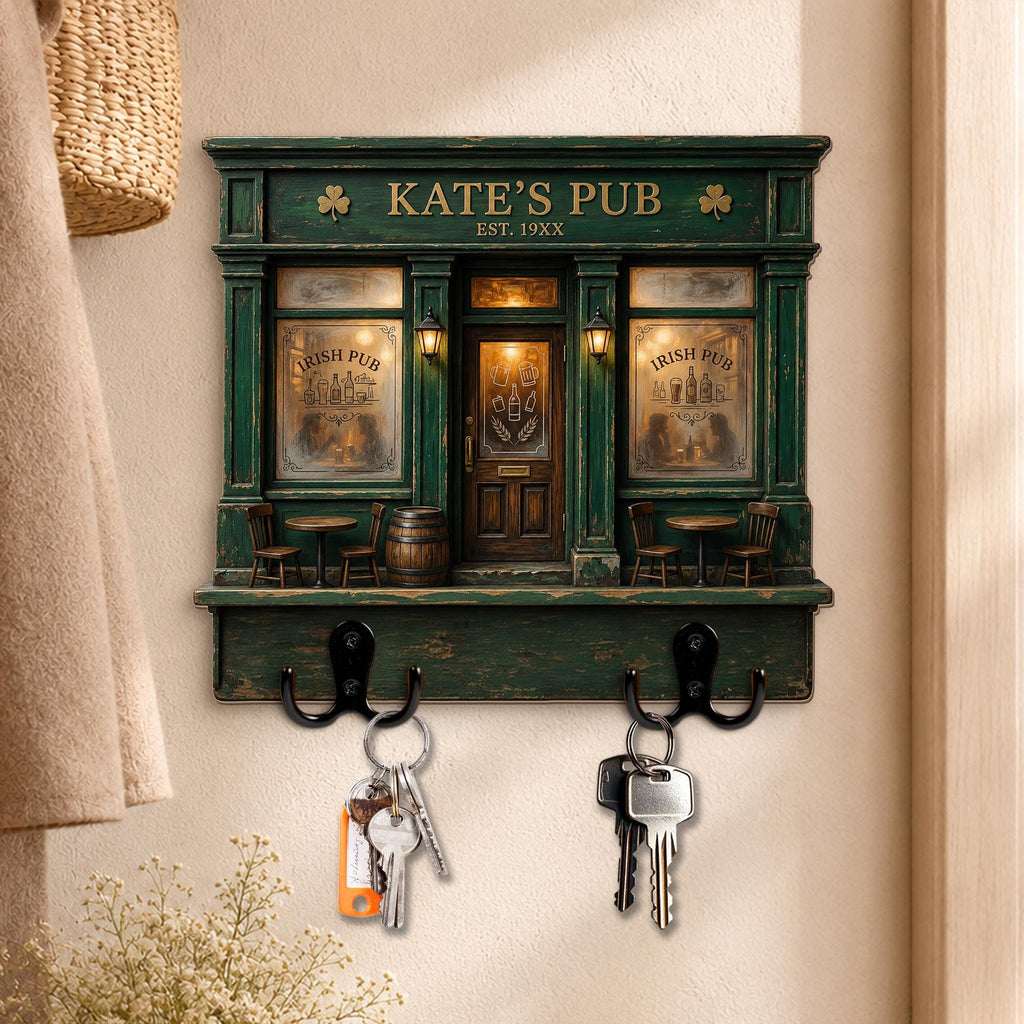 Personalized Irish Pub Key Holder, Custom Family Bar Sign, Shamrock Wall Key Rack, Rustic Entryway Decor, Housewarming Gift