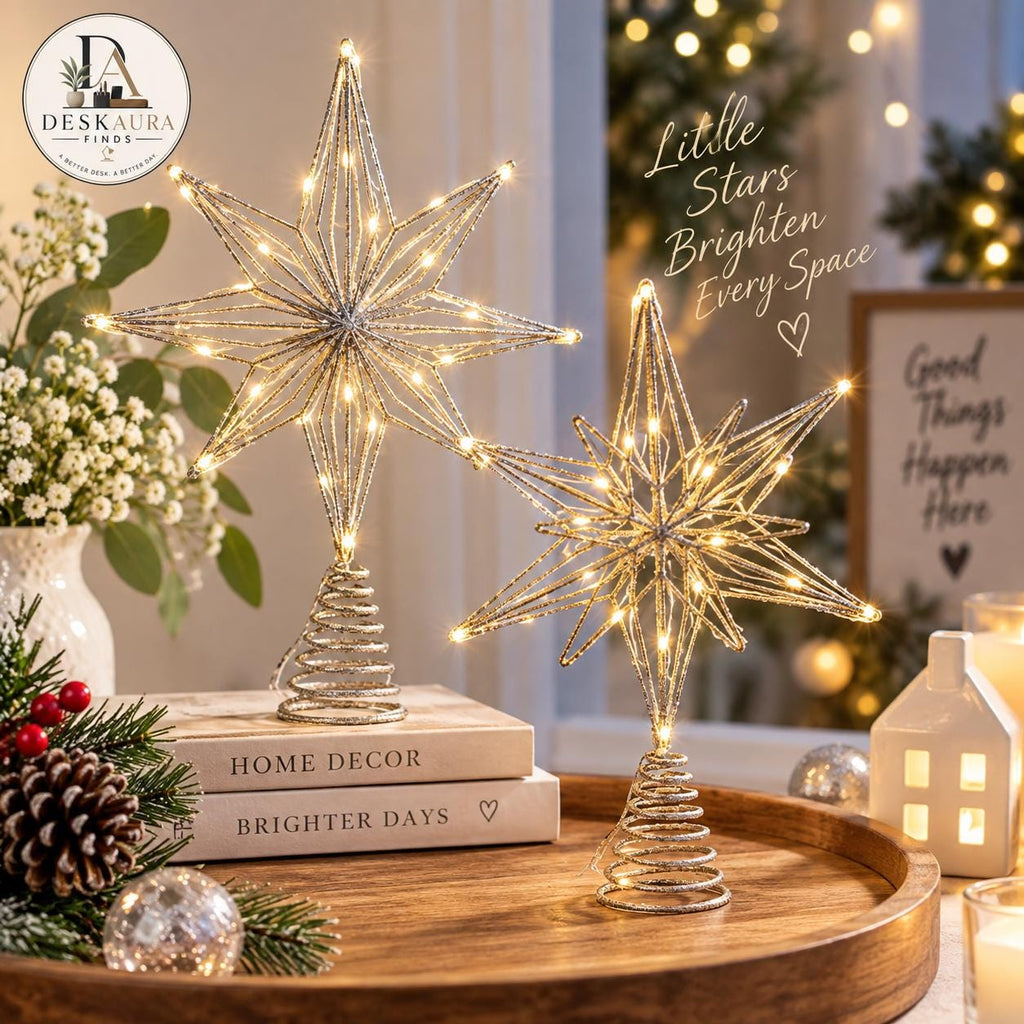 Christmas Tree Star Topper with LED Lights, Warm White Glitter Star, Lighted Holiday Decor