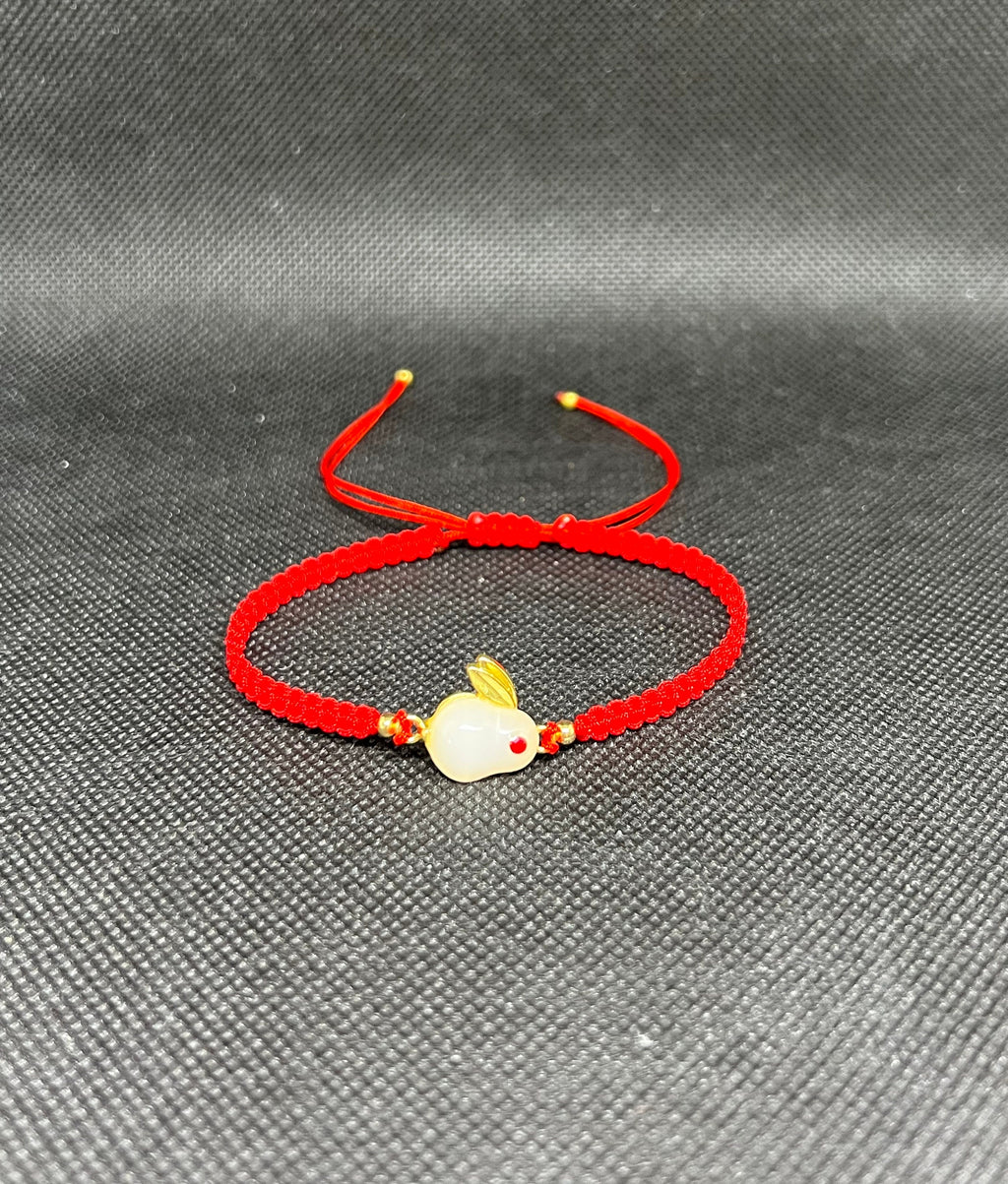 Protection Good Luck Bracelet, Rabbit Charmed Bracelet, White/Green Jade Gold Rabbit Charmed Bracelet, ADJUSTABLE Bracelet/Anklet