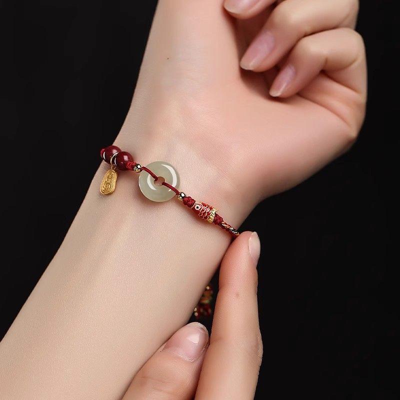 Lucky Red String Bracelet, Handmade Jade Circle Bracelet, Braided Protection Bracelet, Koi Charm Bracelet, Adjustable Gift for Her