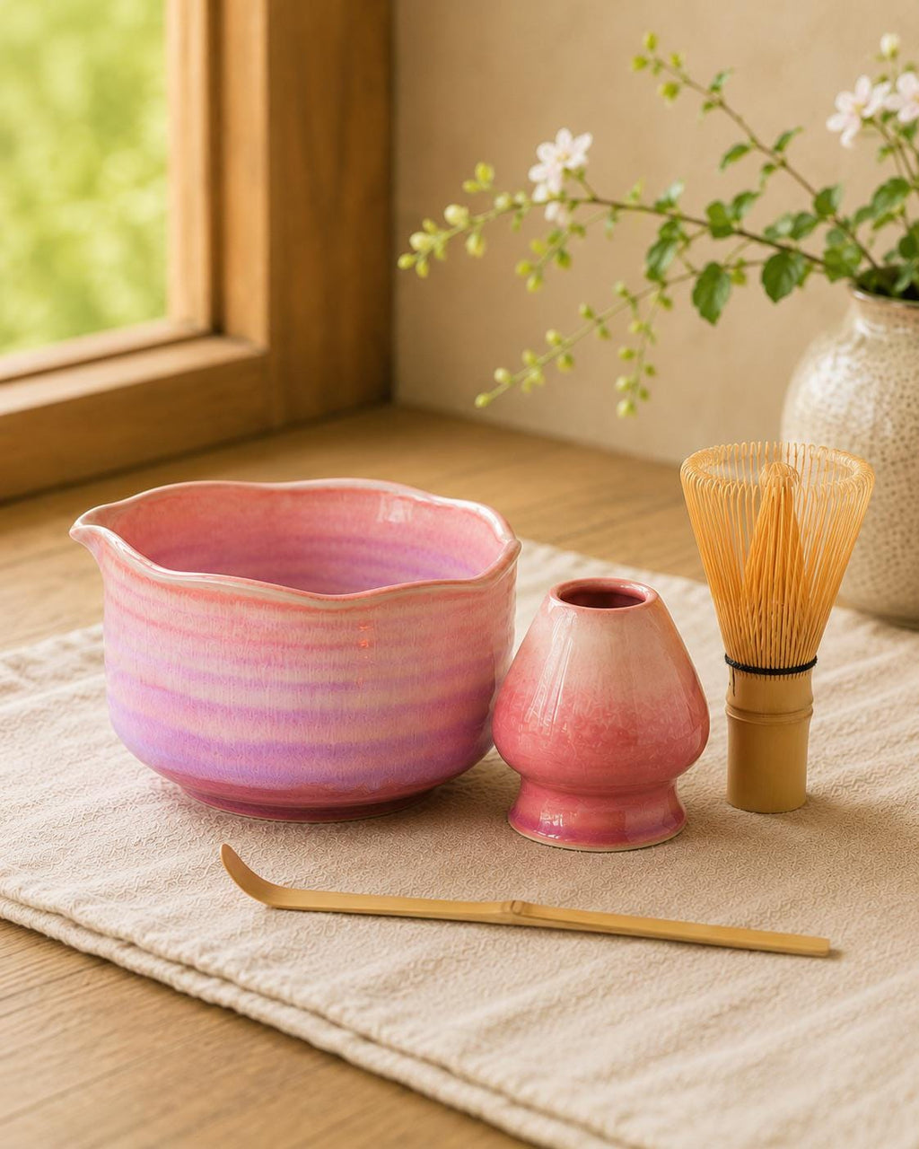 Natural Lavender Fog Matcha Bowl with Chasen Holder Matcha Gift Set Matcha Tea Gift Japanese Matcha Set of 4