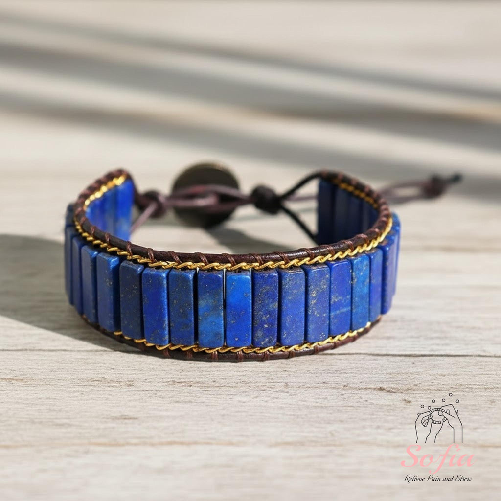 Natural Lapis Lazuli Tube Beaded Braided Bracelet – Blue Gemstone Jewelry – Boho Stackable Bracelet, Adjustable