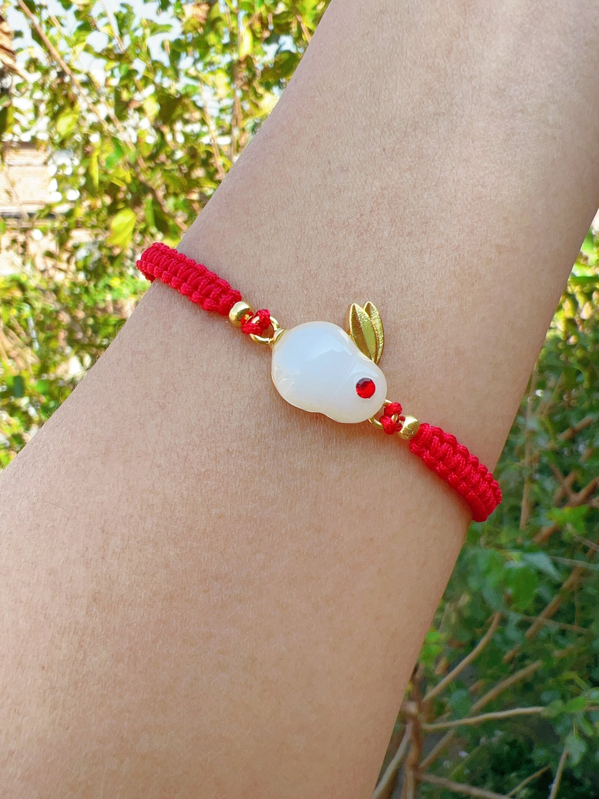 Protection Good Luck Bracelet, Rabbit Charmed Bracelet, White/Green Jade Gold Rabbit Charmed Bracelet, ADJUSTABLE Bracelet/Anklet