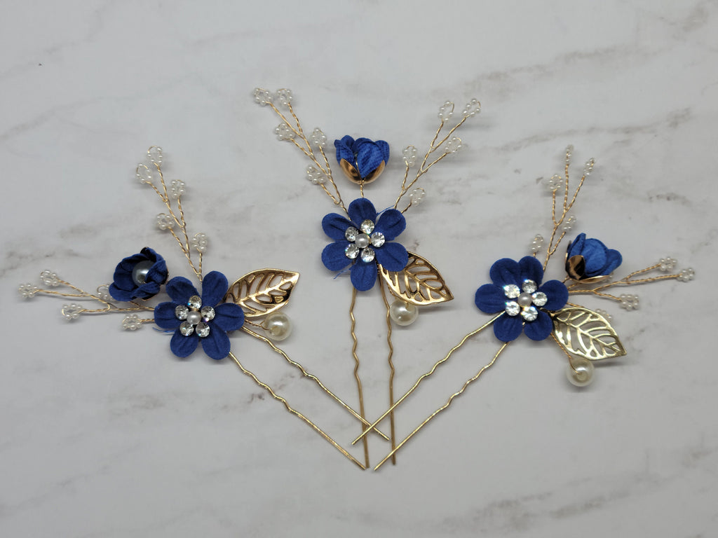Bridal Hair Pins, Crystal Pearl Blue Flower Wedding Accessory