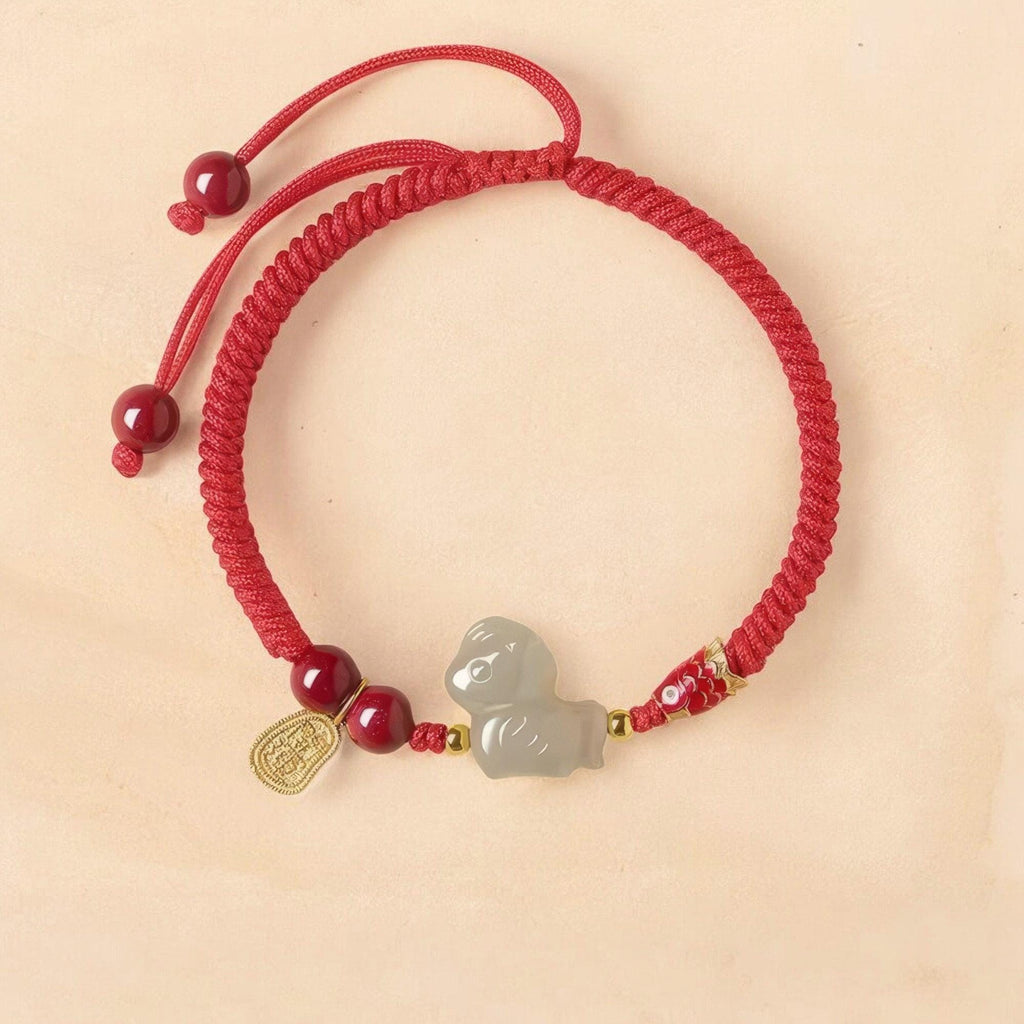 Natural Jade & Cinnabar Protection Bracelet, Temple Blessed, 2026 Horse Zodiac Gift, Good Luck Koi Fish Charm