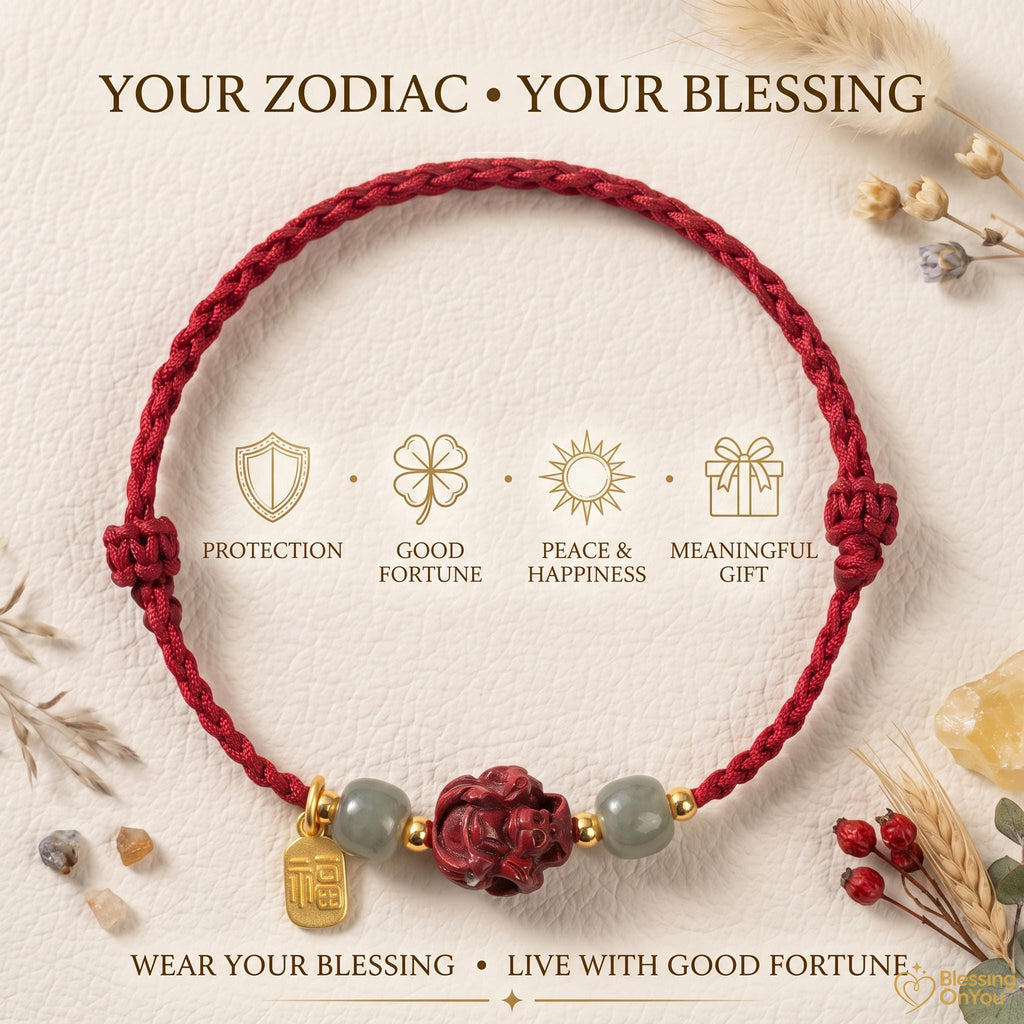Handmade Red String Zodiac Bracelet, Cinnabar Bead, Temple Blessing Charm (2027 Goat), Jade Beads, Lucky Protection Jewelry,Gift for Her Him