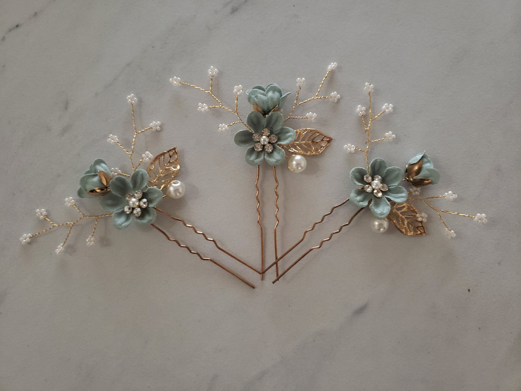 Bridal Hair Pins, Crystal Pearl Blue Flower Wedding Accessory