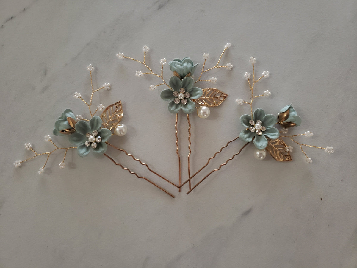 Bridal Hair Pins, Crystal Pearl Blue Flower Wedding Accessory